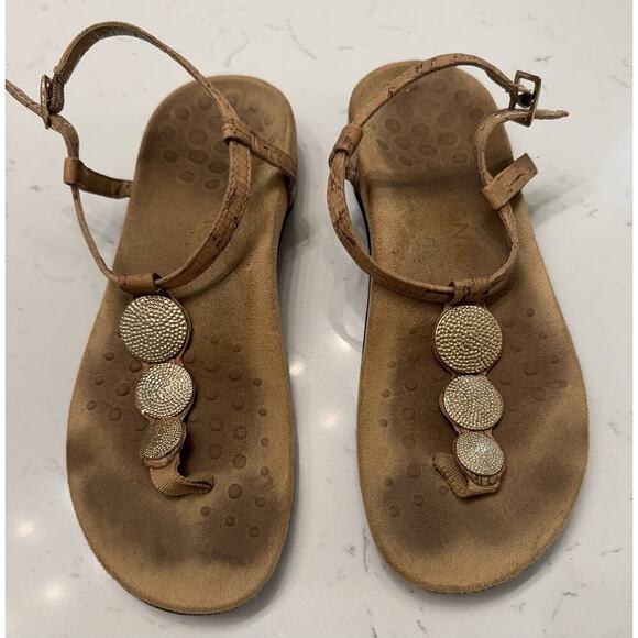 Vionic Lizbeth Size 7 Women's T-strap Orthotic Sandal Gold Cork Medallion - Picture 1 of 7